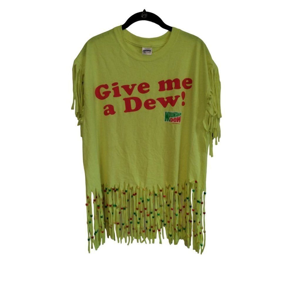 Mountain Dew Fringe Shirt Adult Large L Lime Green Beaded Give Me A Dew Graphic
